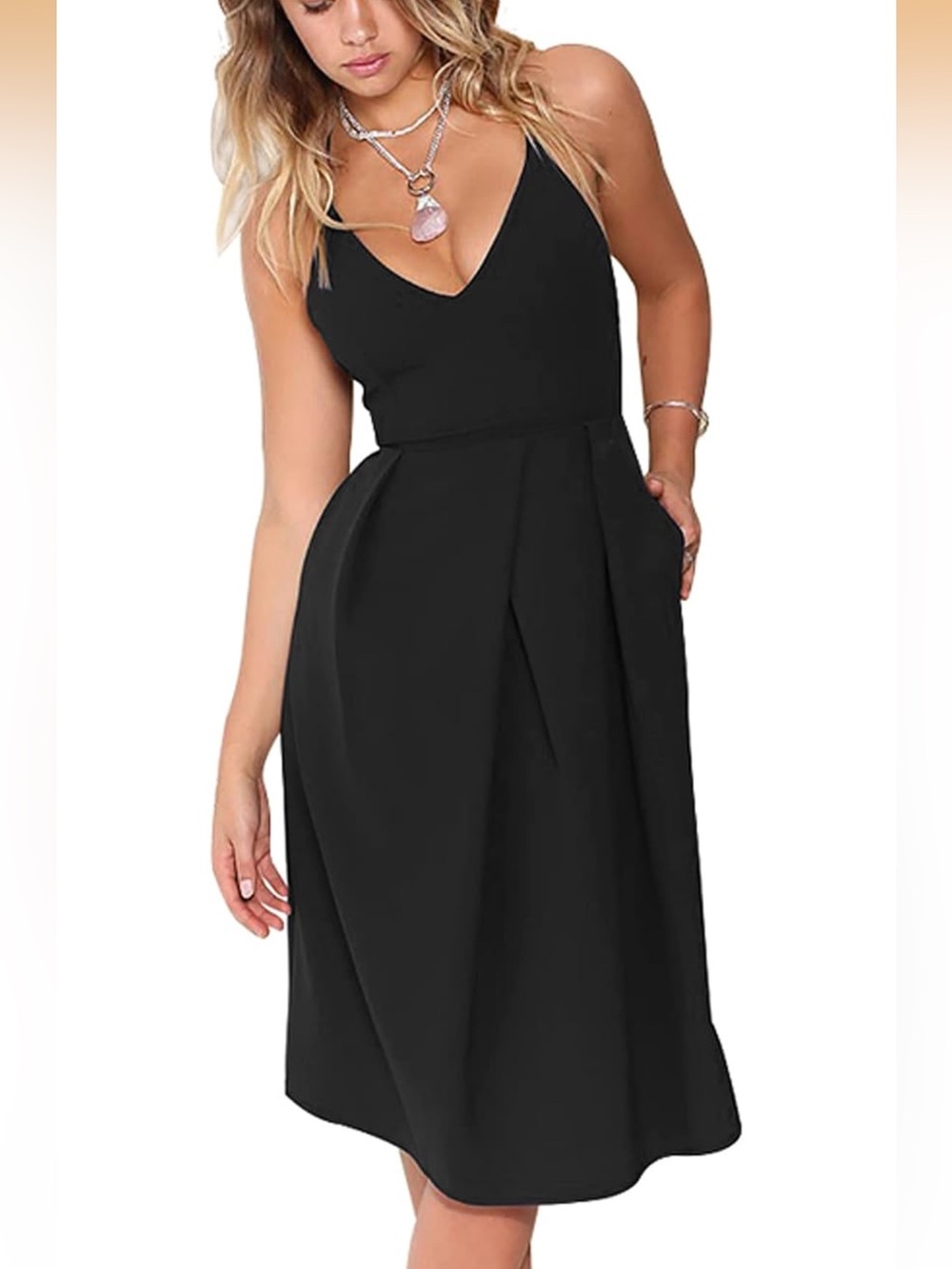 Deep V Neck Adjustable Spaghetti Straps Summer Dress Sleeveless Pockets Medium